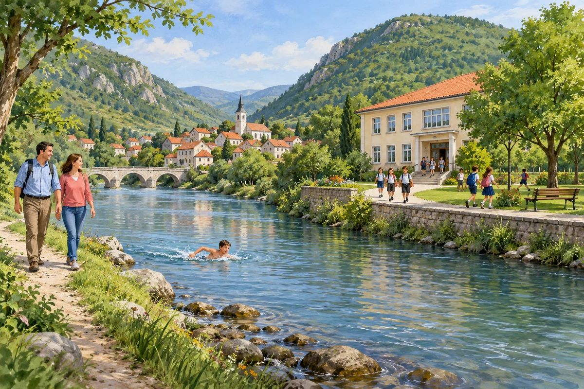 A village between two hills beside a river.