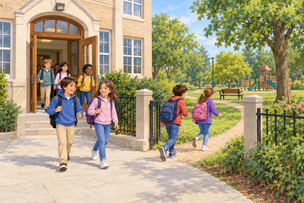 Children leave a school building and enter the park beside it.