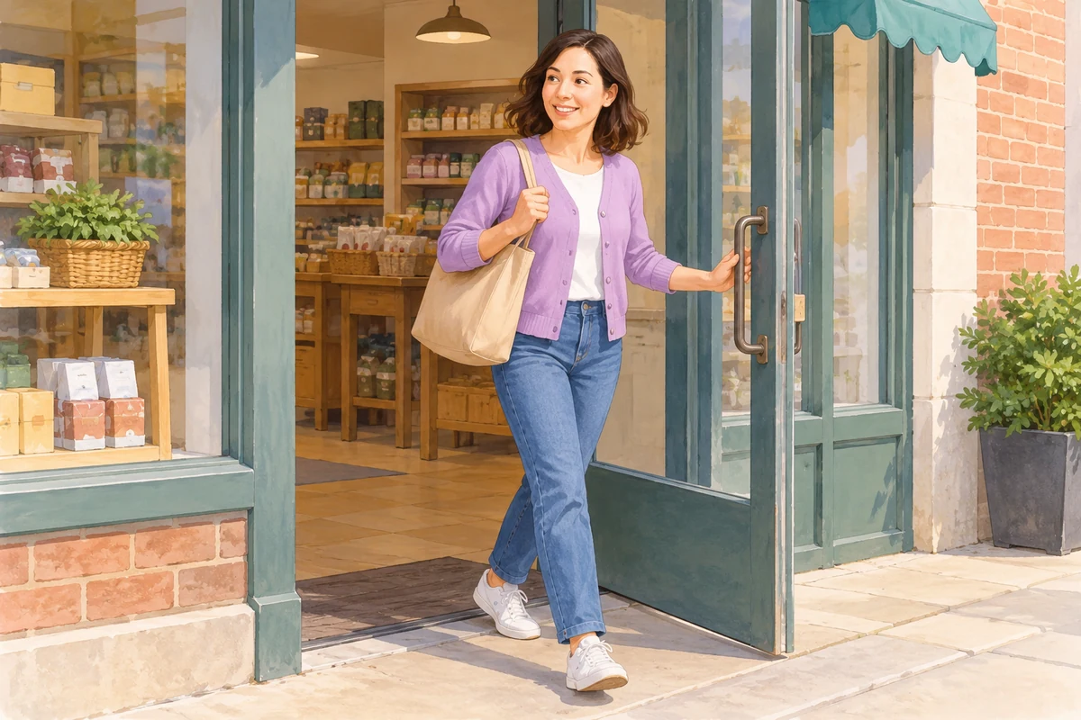 A woman goes out of a shop.