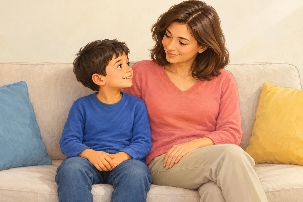 A boy sits beside his mother.