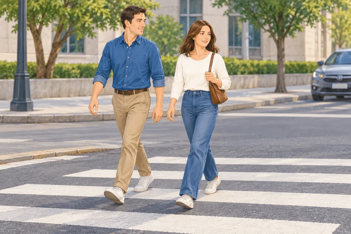 A man and woman walk across a street.