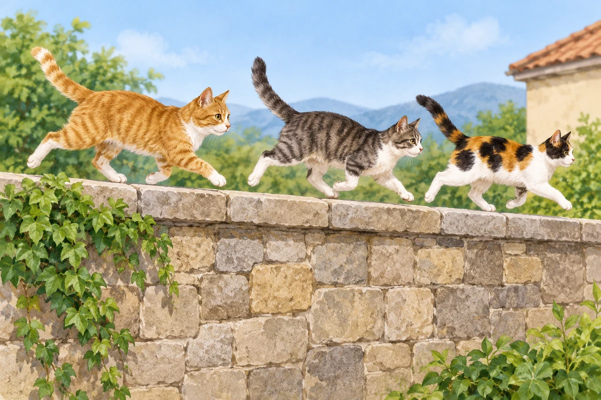 Cats run along a wall.