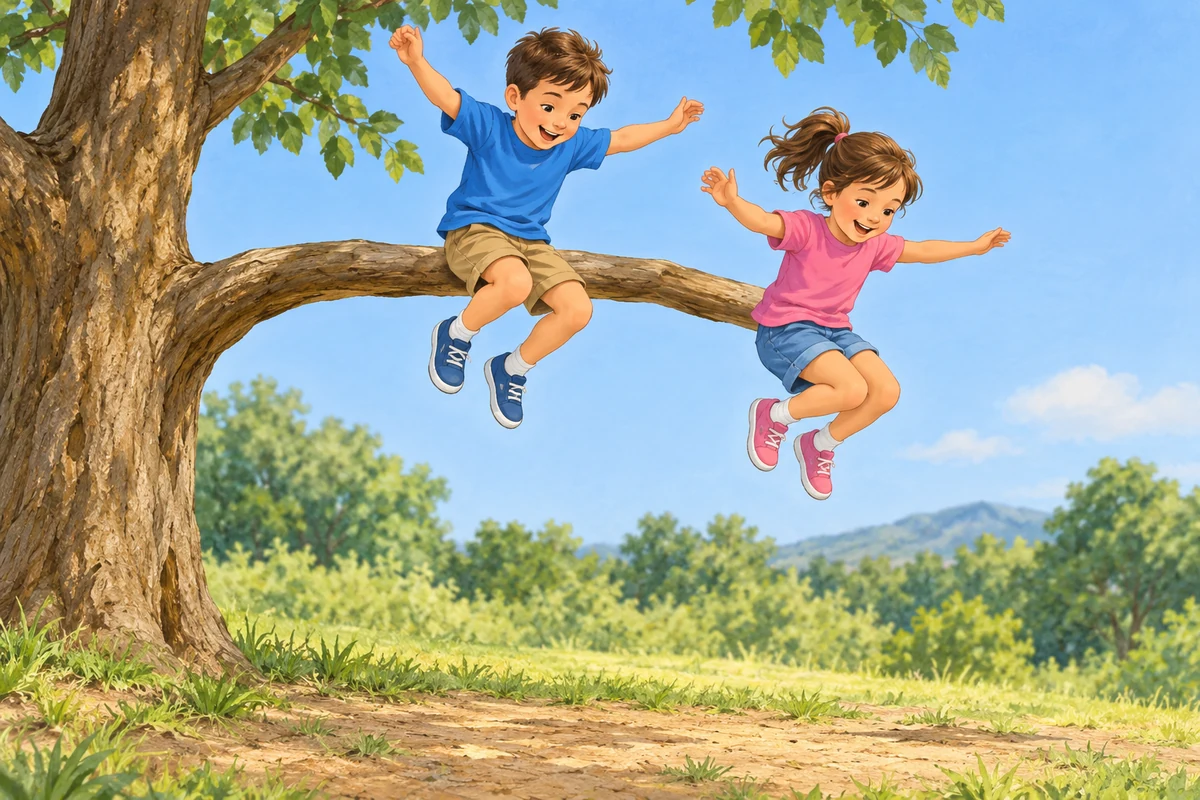 Children jump off a branch.