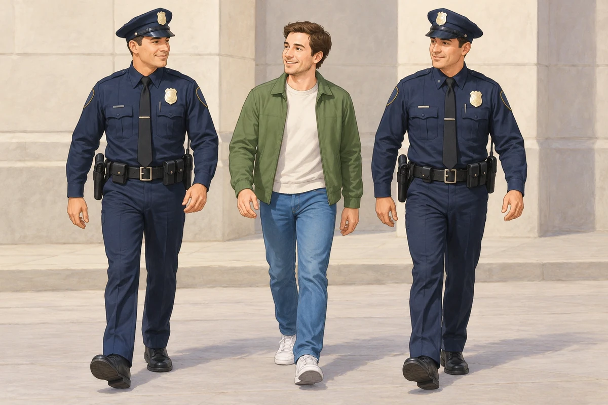 A man walks between two policemen.