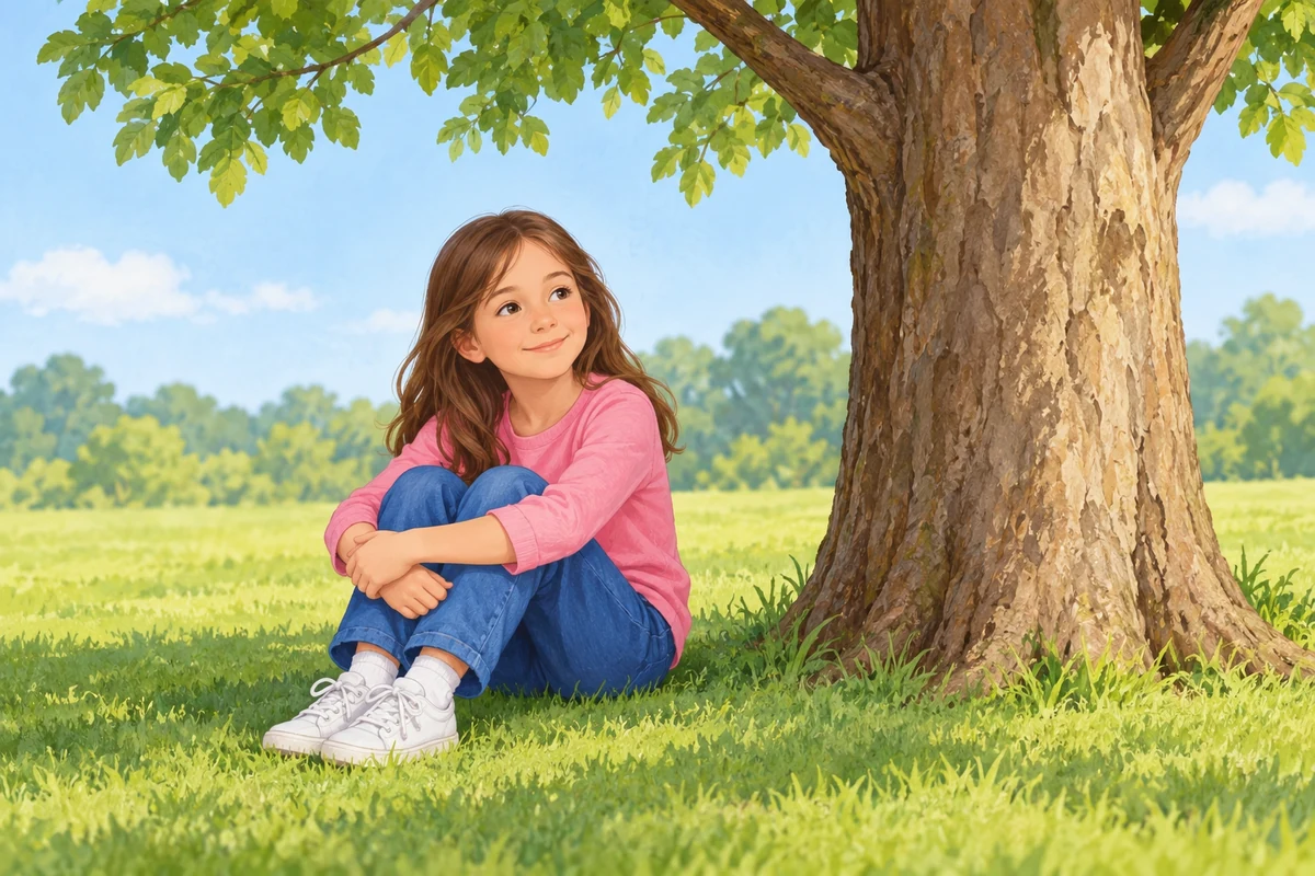A girl sits near a tree.