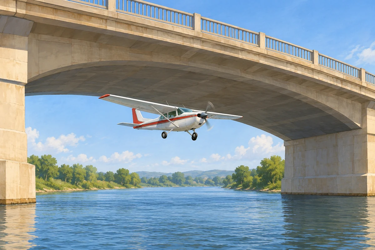 An aeroplane flies under a bridge.
