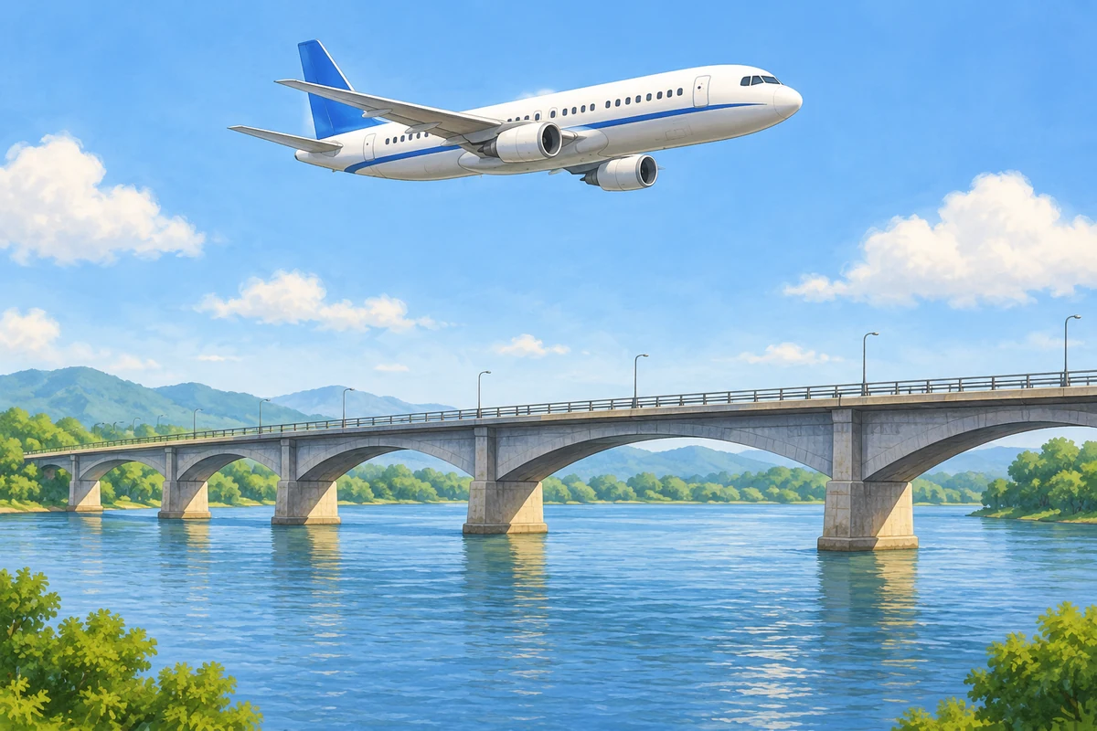 An aeroplane flies over a bridge.