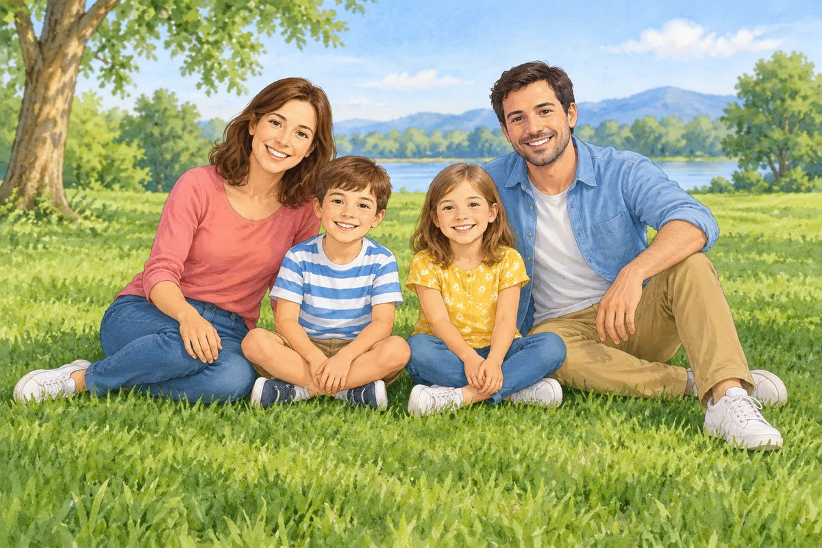 A family sits on the grass.