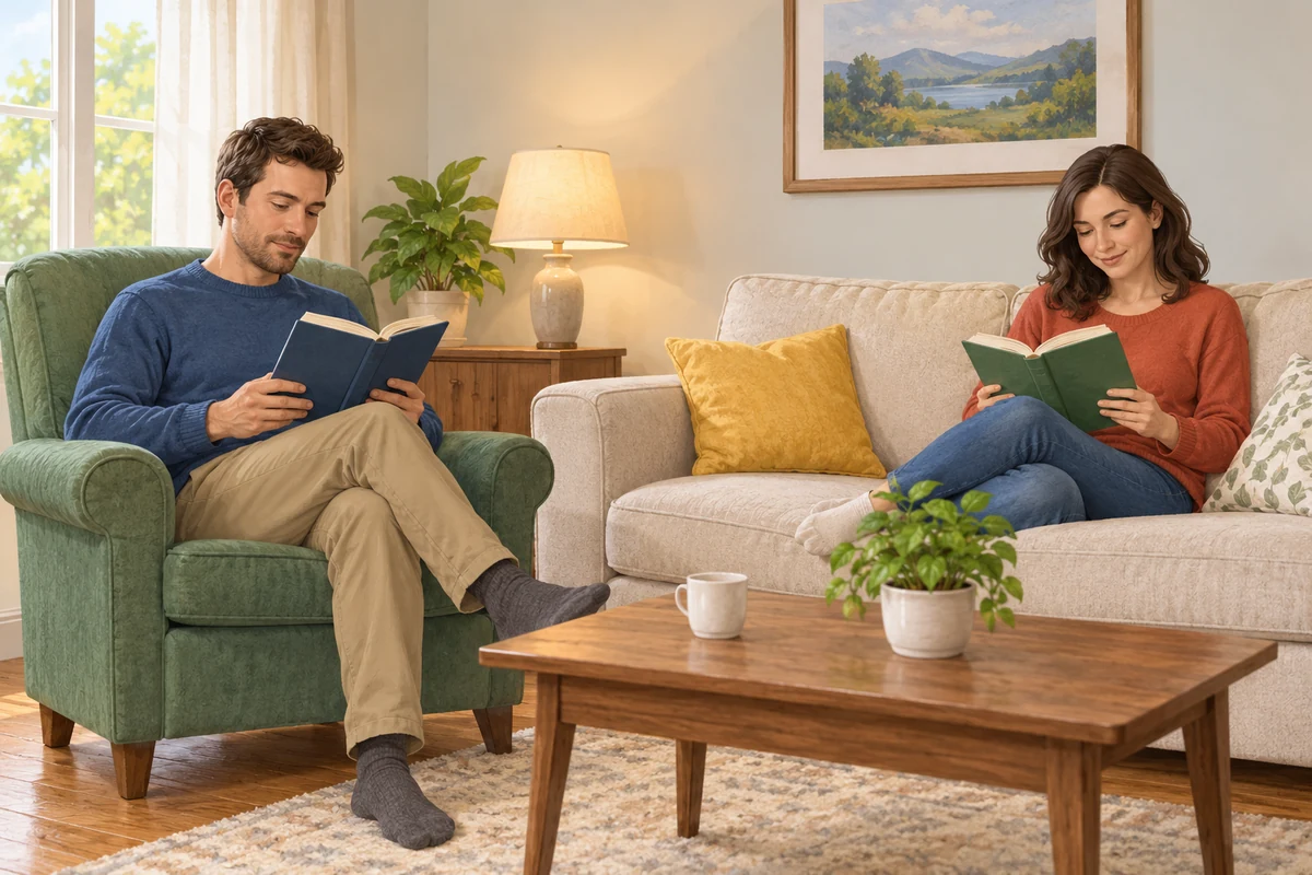 A man and woman read in a living room.