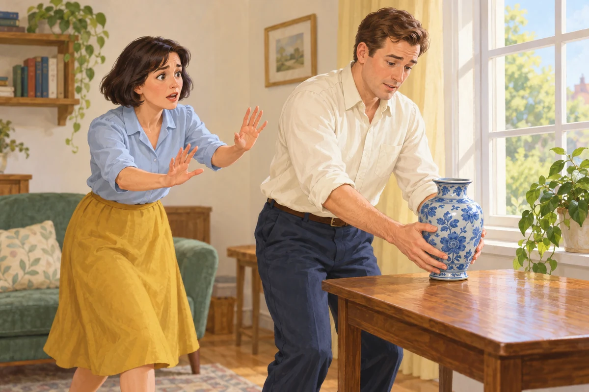 Penny warns Sam not to drop the vase.