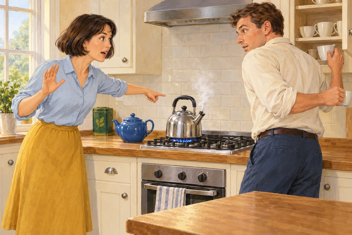 Penny asks Sam to hurry because the kettle is boiling.