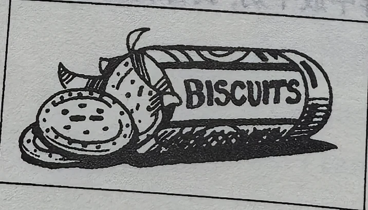 Biscuits beside a packet labelled BISCUITS.