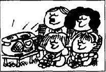 A family sits together listening to a radio or stereo.