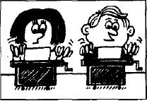 Two people each type at a typewriter.
