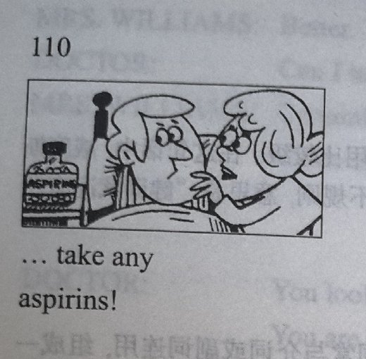 Jimmy lying ill in bed beside a bottle labelled ASPIRINS; caption: '... take any aspirins!'
