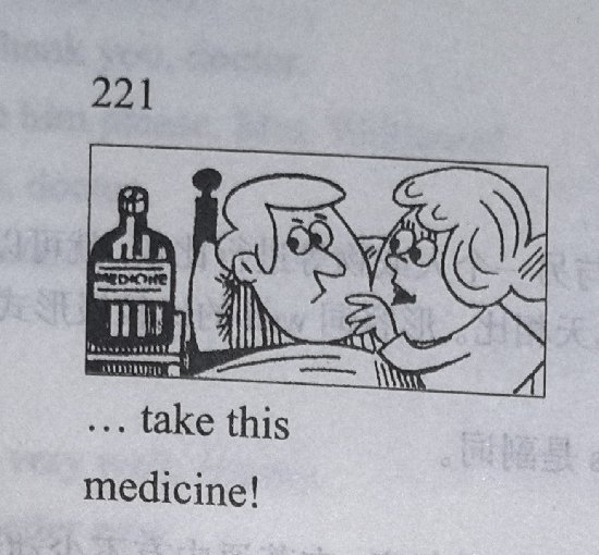 A doctor holding a medicine bottle towards Jimmy lying in bed; caption: '... take this medicine!'