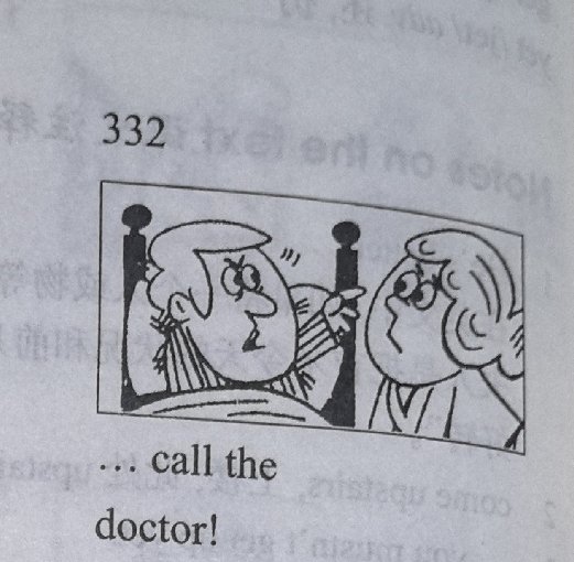 A woman at a telephone telling a man to call the doctor; caption: '... call the doctor!'