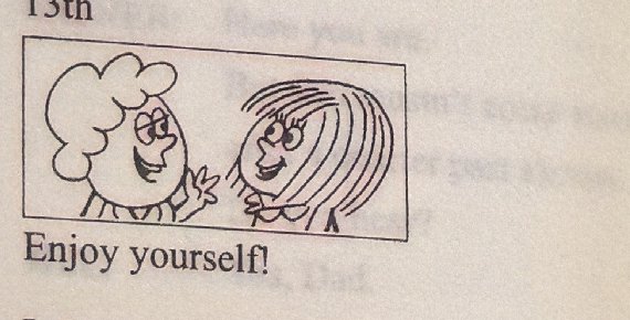 Two women talking, one with curly hair and one with straight blonde hair; caption: 'Enjoy yourself! I always enjoy myself.'
