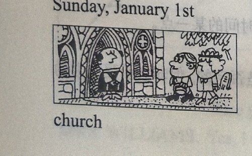 A church interior with arched windows; a priest in a vestment stands at the altar, and two children holding hands walk past. Caption: 'Sunday, January 1st / church'.