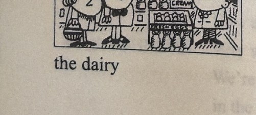 A shop with bottles of milk and cream on shelves; two customers stand at the counter. Caption: 'Saturday, July 7th / the dairy'.