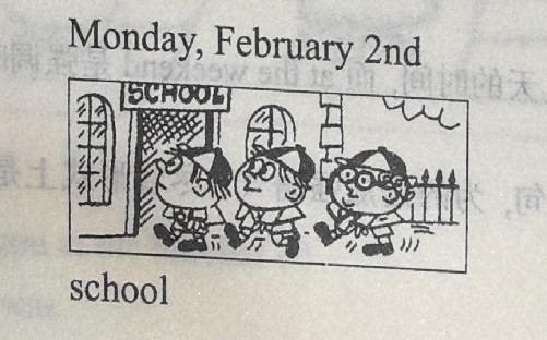 Three children in caps walking past a school gate with a 'SCHOOL' sign. Caption: 'Monday, February 2nd / school'.