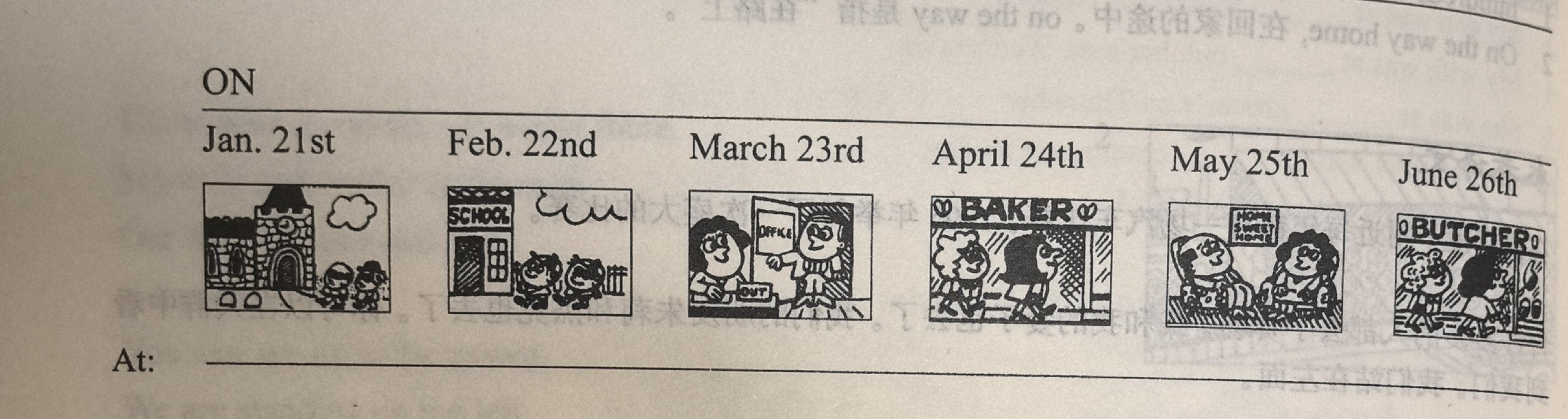 Six dated illustrations in a row: church (Jan. 21st), school (Feb. 22nd), the office (March 23rd), the baker's (April 24th), home (May 25th) and the butcher's (June 26th).