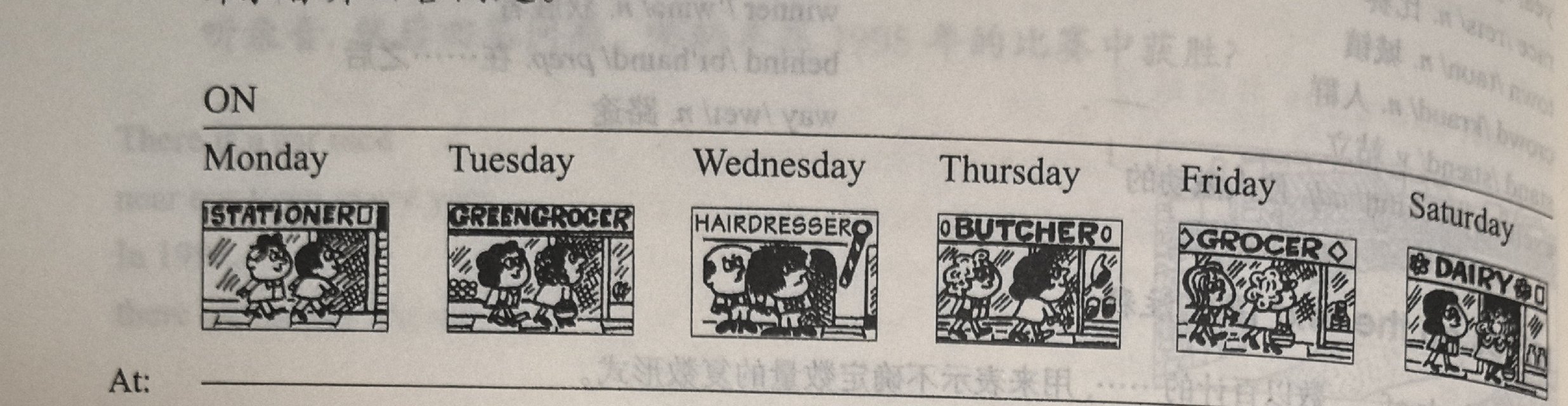 Six dated shop illustrations in a row: the stationer's (Monday), the greengrocer's (Tuesday), the hairdresser's (Wednesday), the butcher's (Thursday), the grocer's (Friday) and the dairy (Saturday).