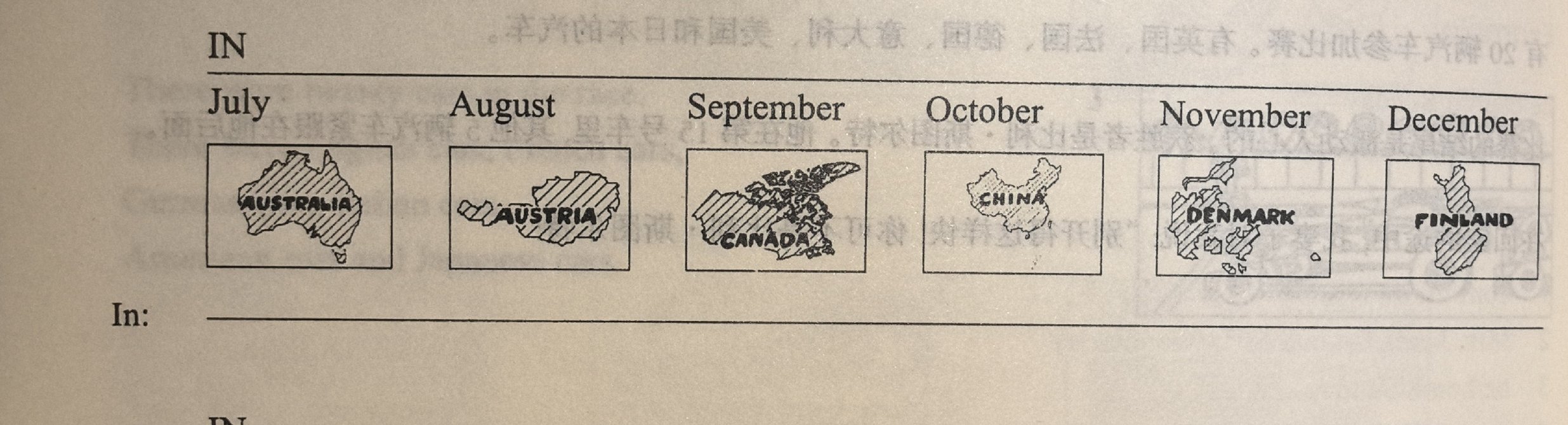 Six country-map illustrations in a row: Australia (July), Austria (August), Canada (September), China (October), Denmark (November) and Finland (December).