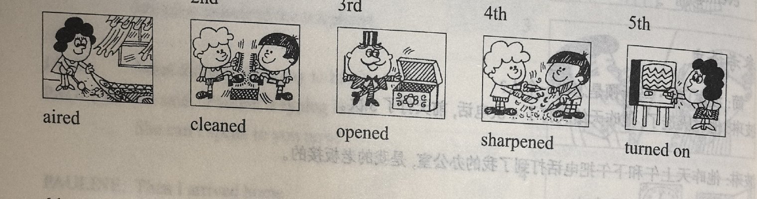 Five past-tense verb illustrations in a row: 1st aired (woman opening a window), 2nd cleaned (two boys cleaning shoes), 3rd opened (man opening a box), 4th sharpened (boy sharpening a pencil), 5th turned on (woman turning on a television).