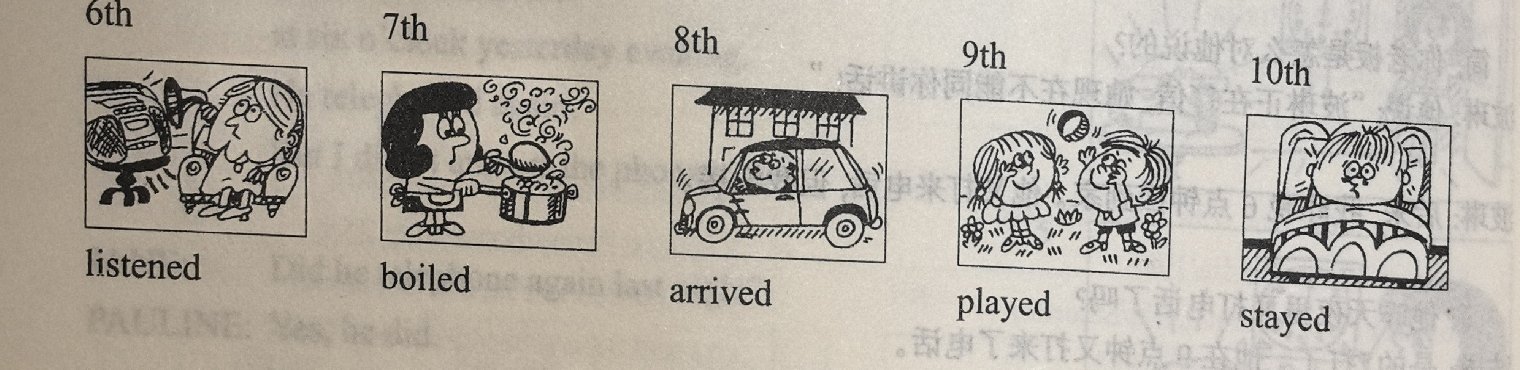 Five past-tense verb illustrations in a row: 6th listened (girl listening to a radio), 7th boiled (woman boiling eggs), 8th arrived (woman arriving in a car), 9th played (two children playing with a ball), 10th stayed (child staying in bed).