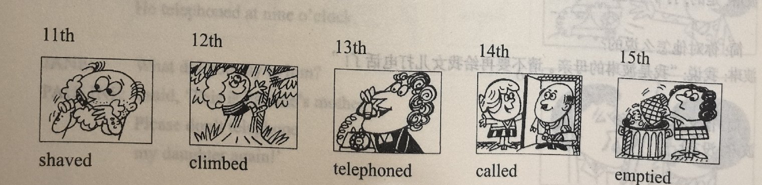 Five past-tense verb illustrations in a row: 11th shaved (man shaving his face), 12th climbed (boy climbing a tree), 13th telephoned (woman on the telephone), 14th called (woman calling a man at the door), 15th emptied (woman emptying a waste basket).