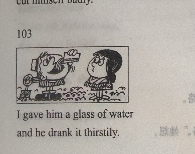 A woman hands a boy a glass of water; he drinks it thirstily.