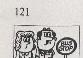 Two people wait at a bus stop.