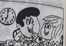 A man and a woman eat dinner at a table with a clock behind them.
