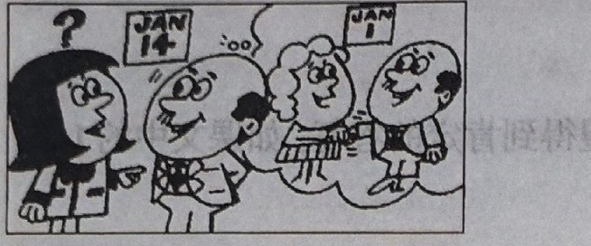 Panel 1: a woman asks a man 'Have you met Mrs. Jones yet?'; he thinks back to meeting her on JAN 14, while she shows a photo of a woman dated JAN 1.