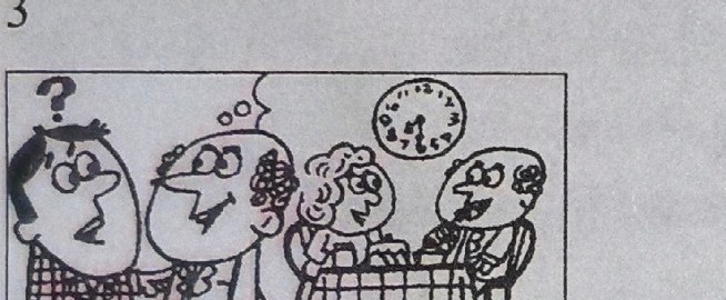 Panel 3: a man asks 'Have you had breakfast yet?'; a thought bubble shows people at a table with a clock.