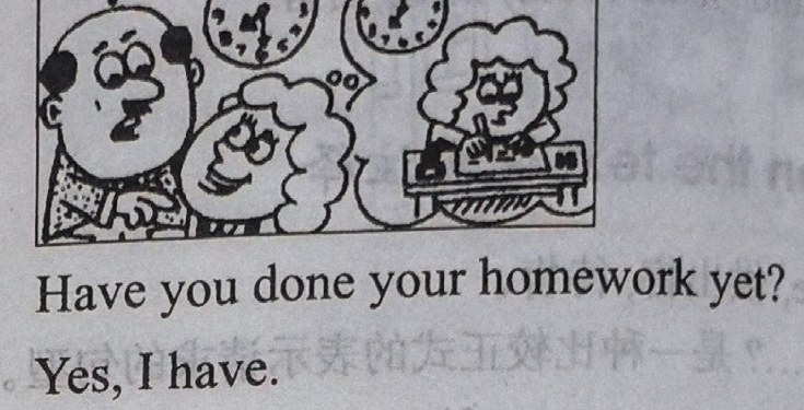 Panel 2: two people ask 'Have you done your homework yet?'; a thought bubble shows clocks and a girl writing at a desk.
