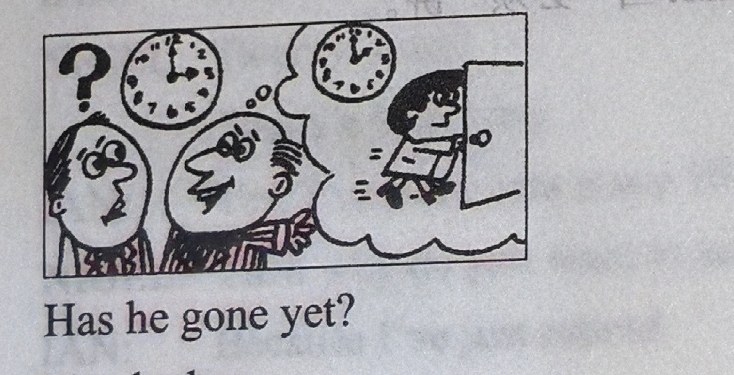 Panel 3: a man asks 'Has he gone yet?'; a thought bubble shows clocks and a boy walking out of a door with a bag.