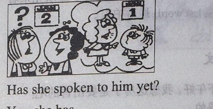 Panel 4: two people ask 'Has she spoken to him yet?'; a thought bubble shows a woman speaking to a boy with date markers JAN 1 and JAN 2.