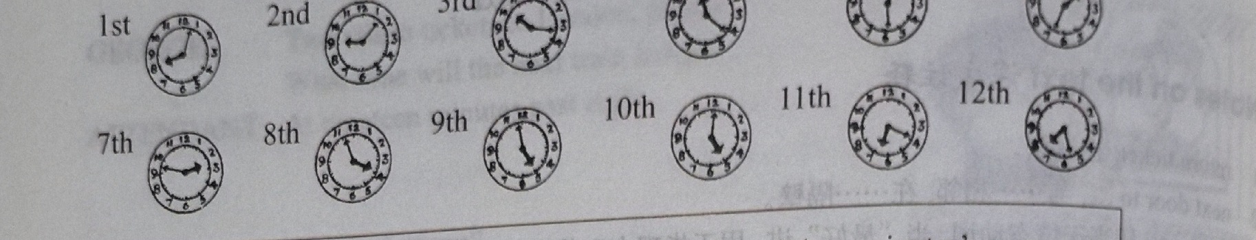 Twelve analogue clocks numbered 1st to 12th, each showing a different time of day.