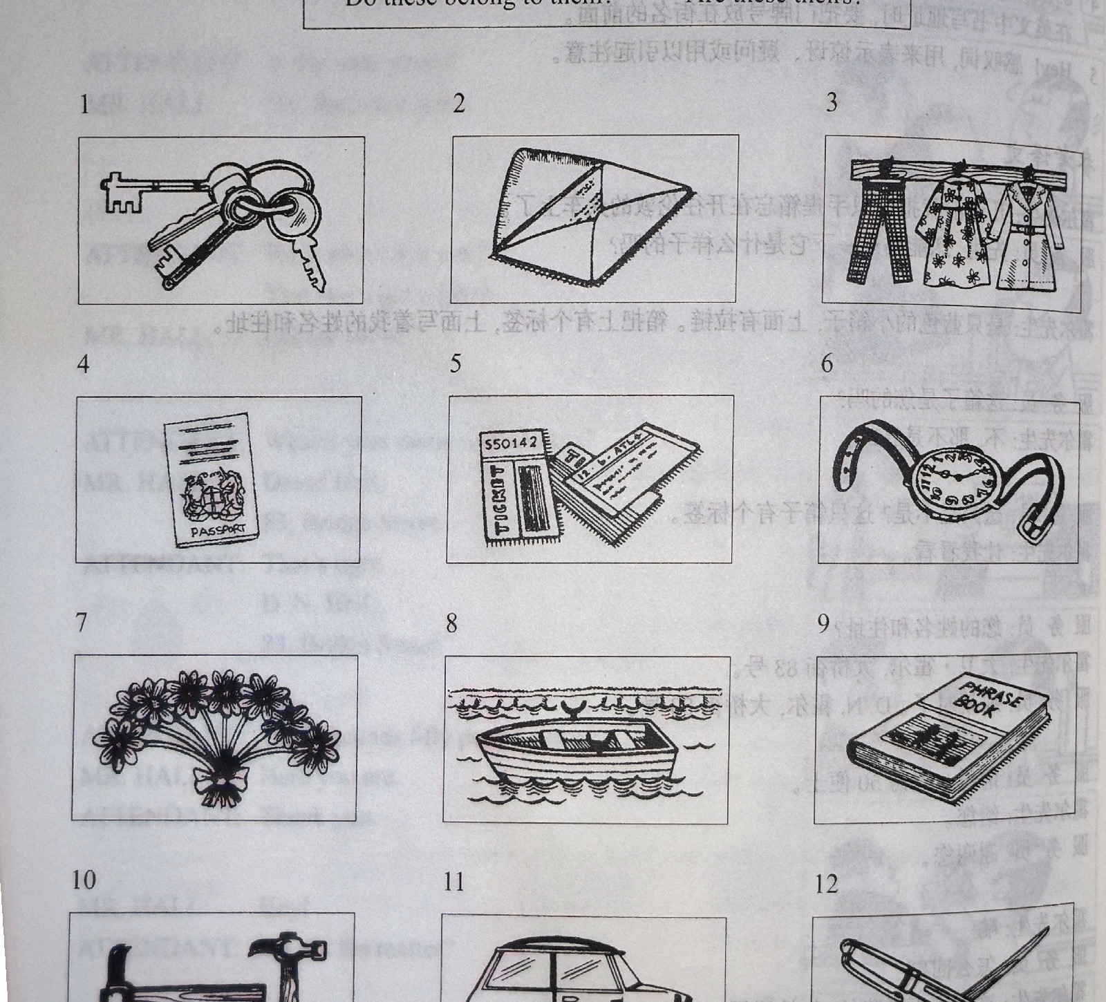 A grid of 12 numbered items: 1 keys, 2 envelope, 3 clothes (trousers, dress, coat), 4 passport, 5 tickets, 6 pocket watch, 7 flowers, 8 boat, 9 phrase book, 10 tools (saw, hammer), 11 car, 12 pens.