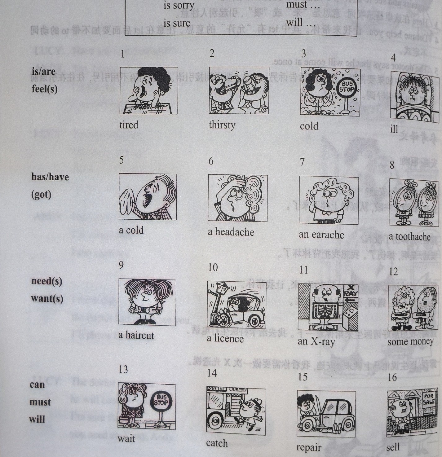 16 small pictures with captions (tired, thirsty, cold, ill, a cold, a headache, an earache, a toothache, a haircut, a licence, an X-ray, some money, wait, catch, repair, sell) for making reported-speech sentences.