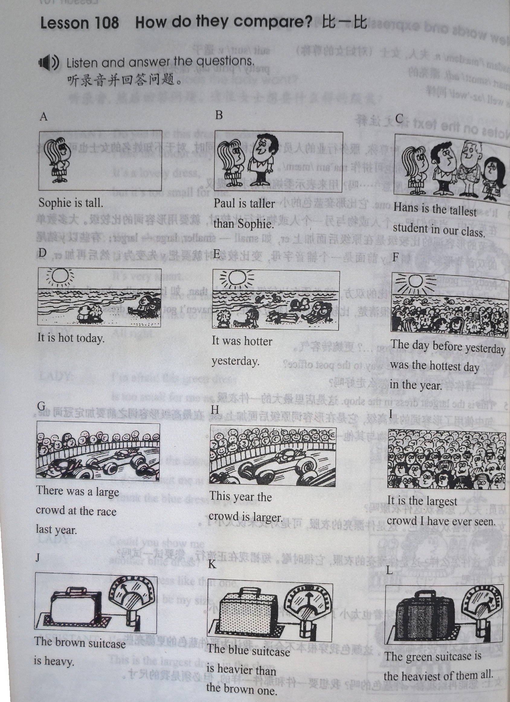 12 pictures in 4 groups showing comparative and superlative forms: height (Sophie/Paul/Hans), heat at the beach (D-F), crowds at a race (G-I), and suitcase weight (J-L)