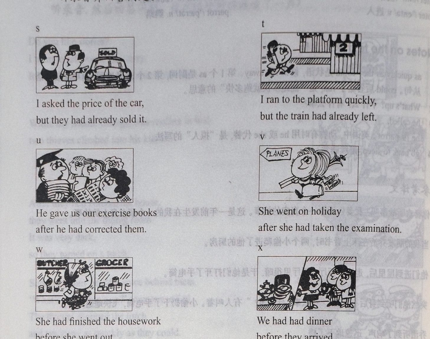 Grid of 6 pictures (s-x): s the sold car, t the train leaving the platform, u the teacher giving out exercise books, v going on holiday after the examination, w finishing the housework before going out, x having dinner before they arrived.