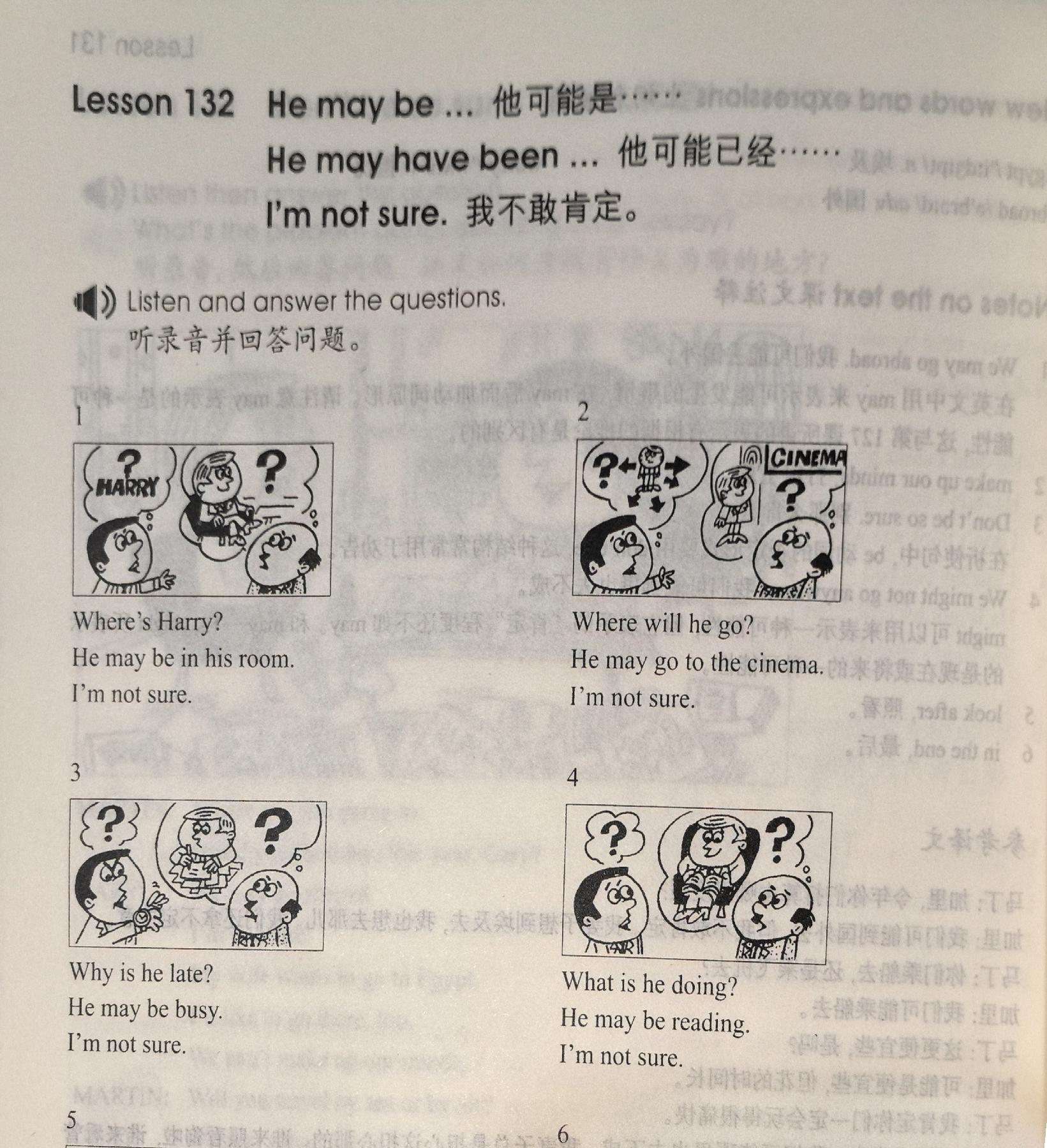 Six numbered pictures in a 3x2 grid, each showing two people with thought-bubbles and a question mark: 1 where Harry is (a man at a desk); 2 where he will go (a cinema sign); 3 why he is late (a man on the phone); 4 what he is doing (a man reading); 5 why he was late (a man reading at a desk); 6 what he was doing (a man reading).