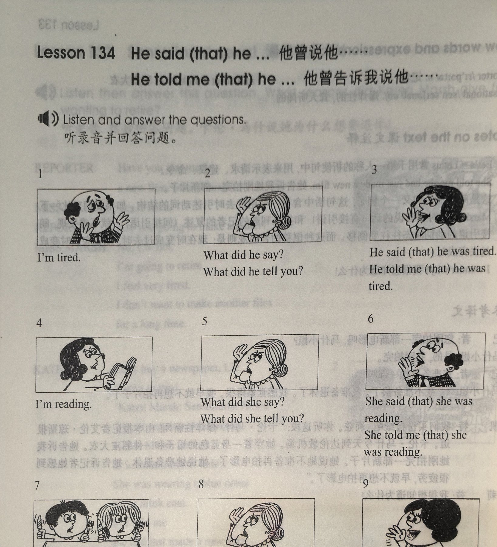 Twelve numbered pictures in a 4x3 grid, each group of three showing: 1 a person saying 'I'm tired'; 2 a question mark bubble 'What did he say?'; 3 the same person with a speech bubble showing reported speech. Four groups illustrate: tired (past simple), reading (past continuous), dinner (past simple), homework (past perfect).